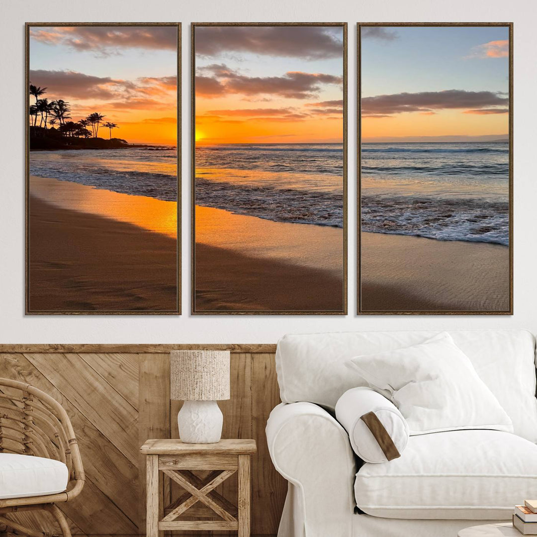 Sunset Wall Art Print featuring a beach sunset with waves and palms, perfect for coastal decor.