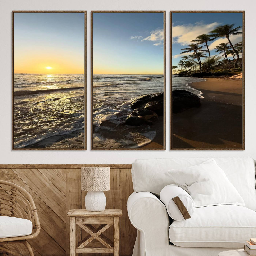 A serene tropical sunset on canvas, featuring palms and waves, serves as perfect Tropical Beach Wall Art for home or office decor.