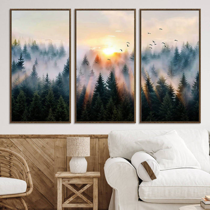 Sunrise over a misty forest with rays filtering through trees in the Abstract Forest Wall Art featuring soaring birds.