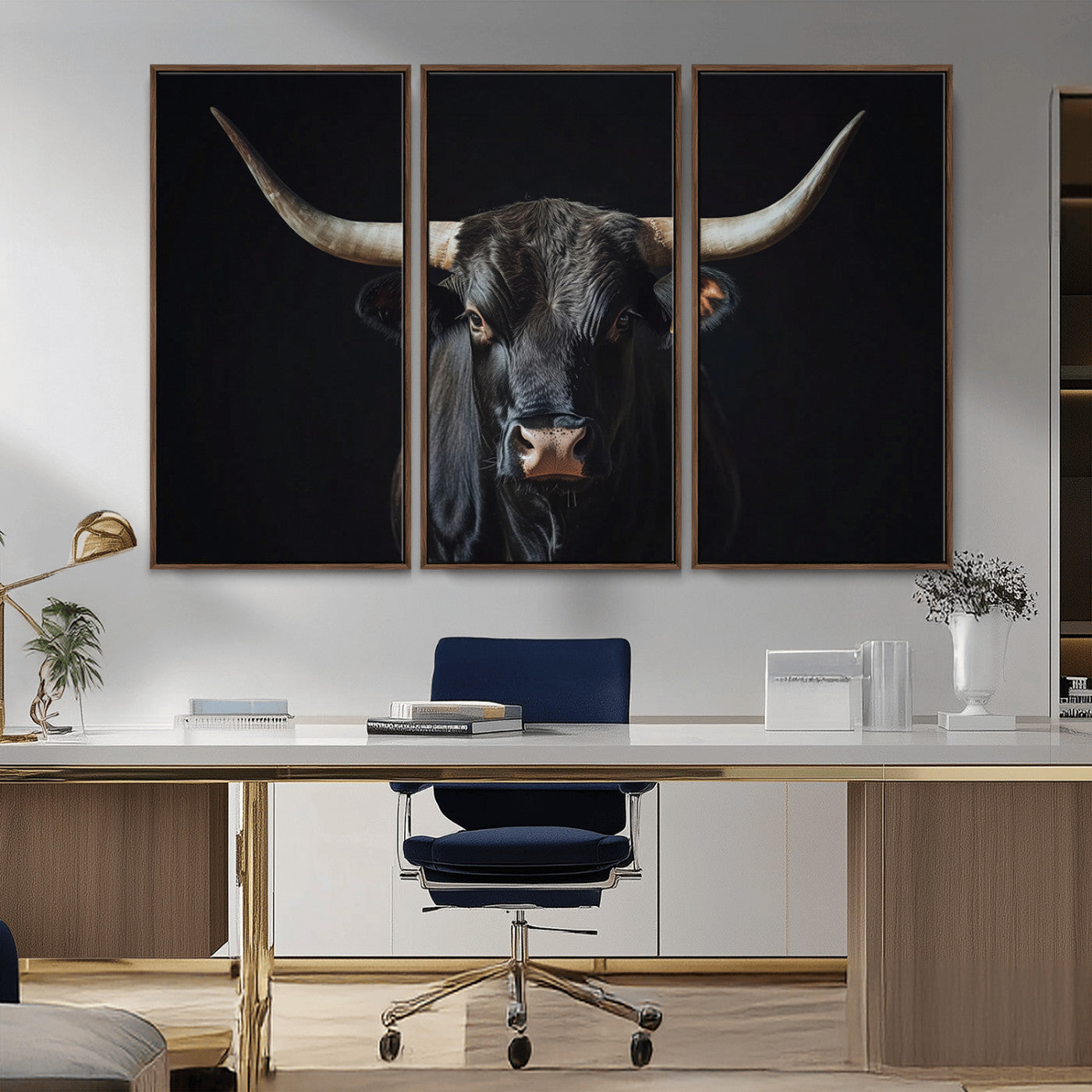 48065167-MGV-CV-36X24-Majestic Longhorn Bull Wall Art Canvas Print – Dark Background Western Ranch Portrait Artwork for Home, Office