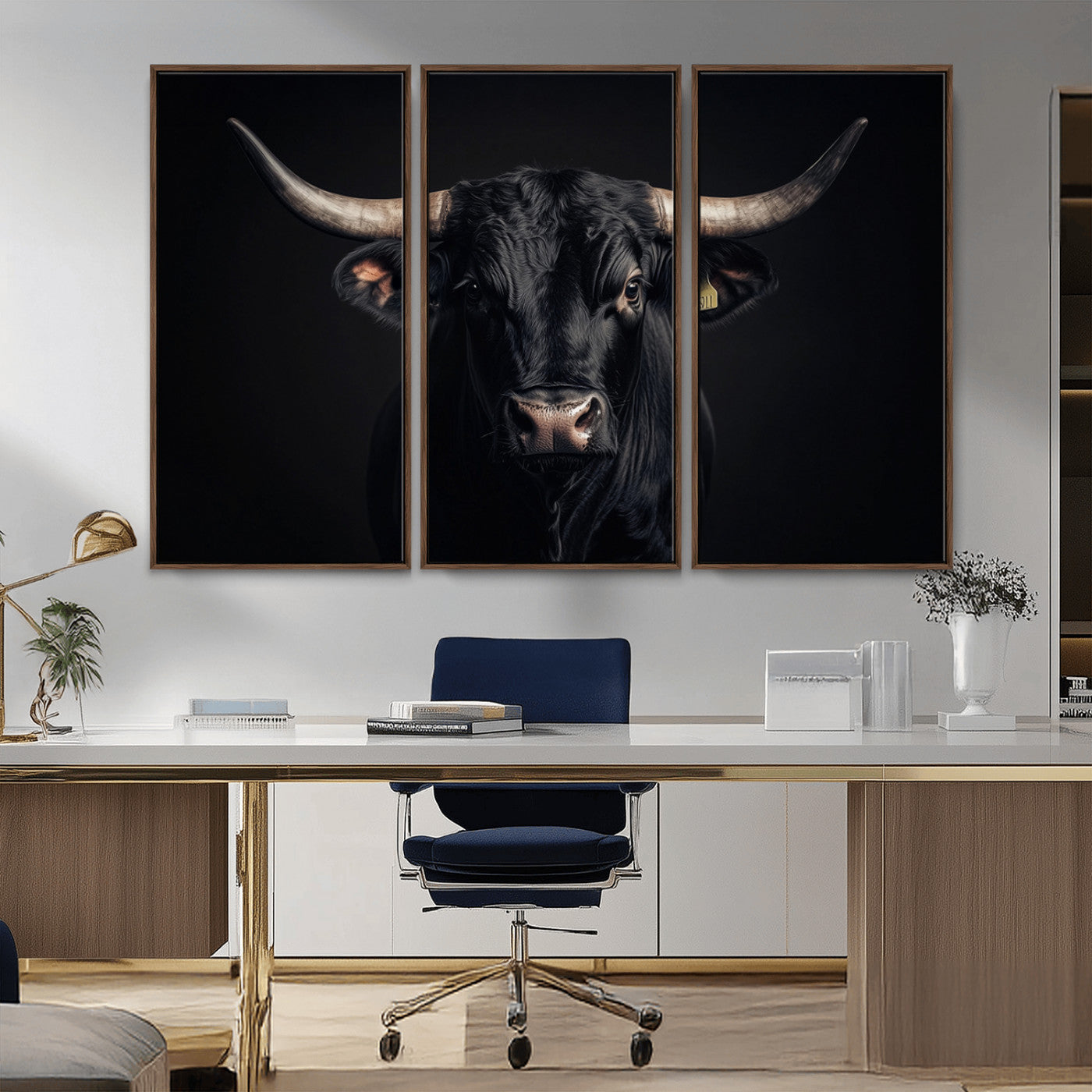 Canvas featuring a black horned bull in moody lighting on a dark background, perfect for western or rustic farmhouse-style home decor.