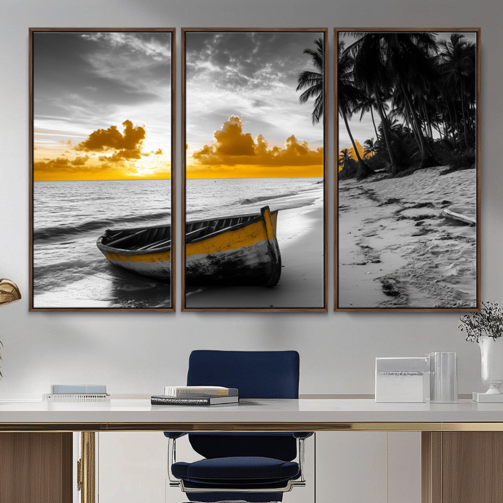 Canvas of a yellow rowboat on a black and white tropical beach with golden sunset sky, ideal for coastal or tropical-themed home decor.