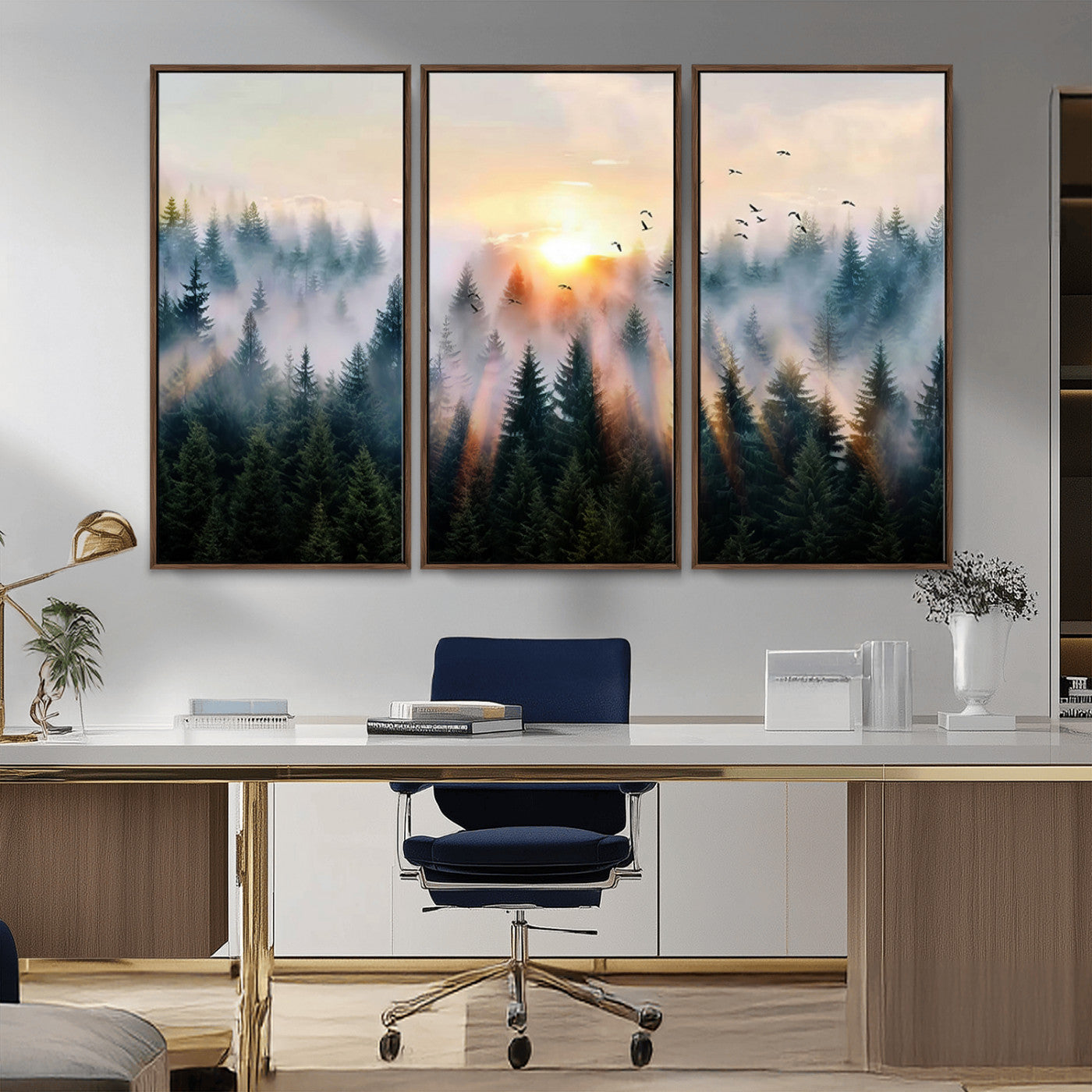 Canvas of a misty pine forest at sunrise with birds flying through golden morning rays, perfect for serene and moody woodland-style home decor.