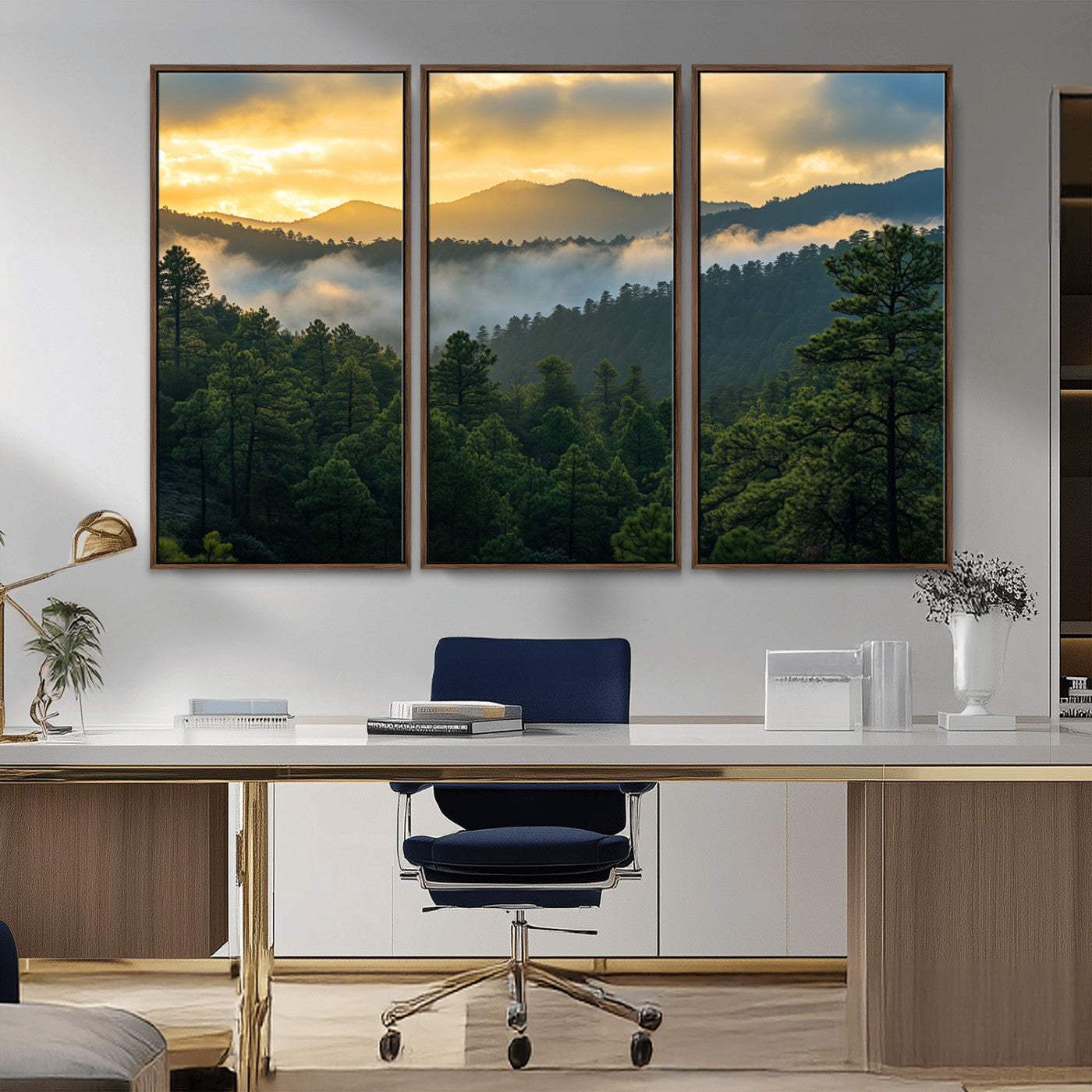 Canvas of misty pine-covered mountains at sunrise, featuring golden light and fog layers, ideal for tranquil earthy home decor.