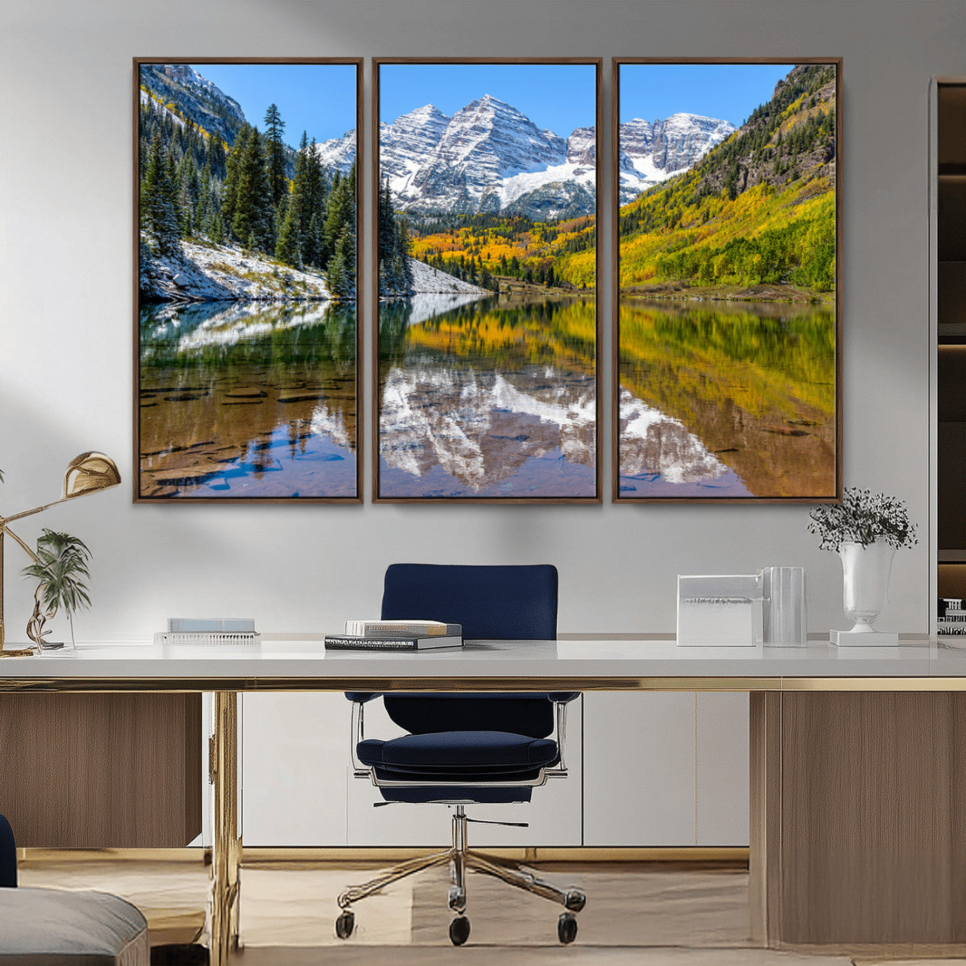 Canvas of Maroon Bells reflected in a clear alpine lake, with golden aspens and snowy peaks, ideal for crisp autumn or mountain-themed decor.