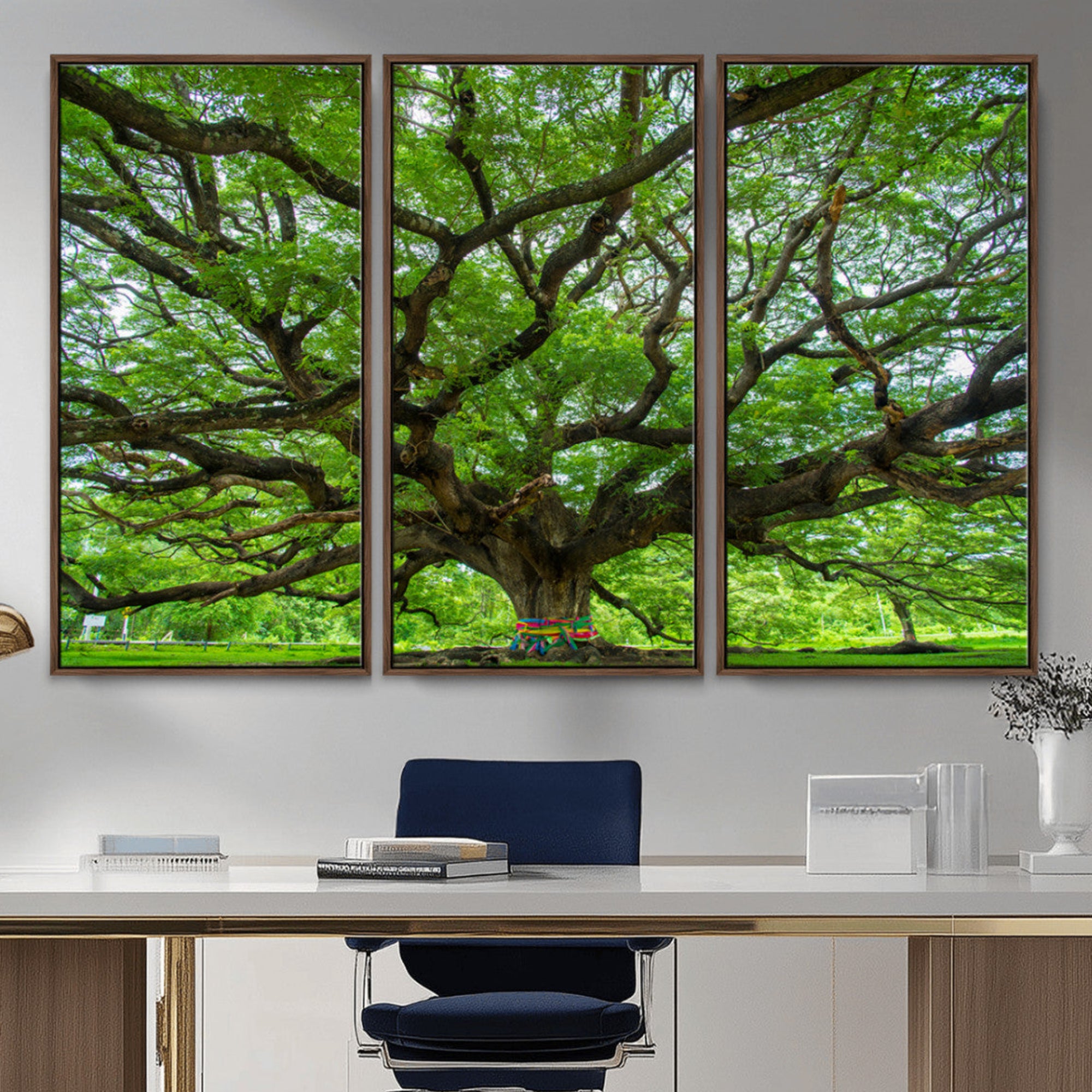 16118389-MGV-CV-48X32-3P-Ancient Tree Wall Art Canvas Print – Majestic Branches and Expansive Green Canopy, Nature's Strength, Perfect for Home