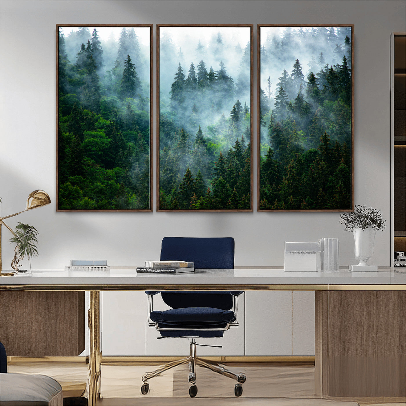 A captivating view of a dense pine forest blanketed in drifting fog, evoking a mystical and tranquil atmosphere.