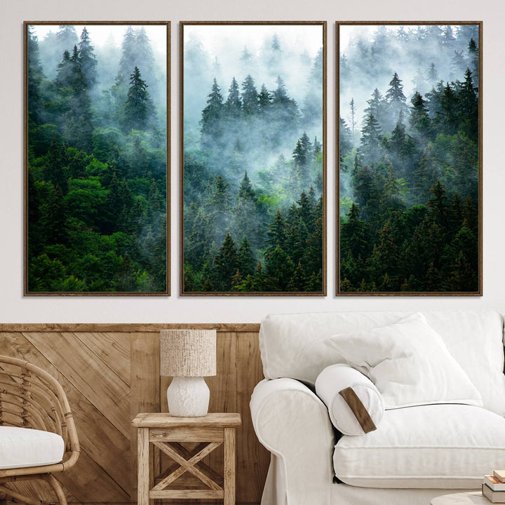 Misty Forest Art Wall Art Canvas Print, Foggy Mountain Art Print, Framed Scenic Wall Print Art Print, Large Woodland Canvas Printing Perfect for  Decor