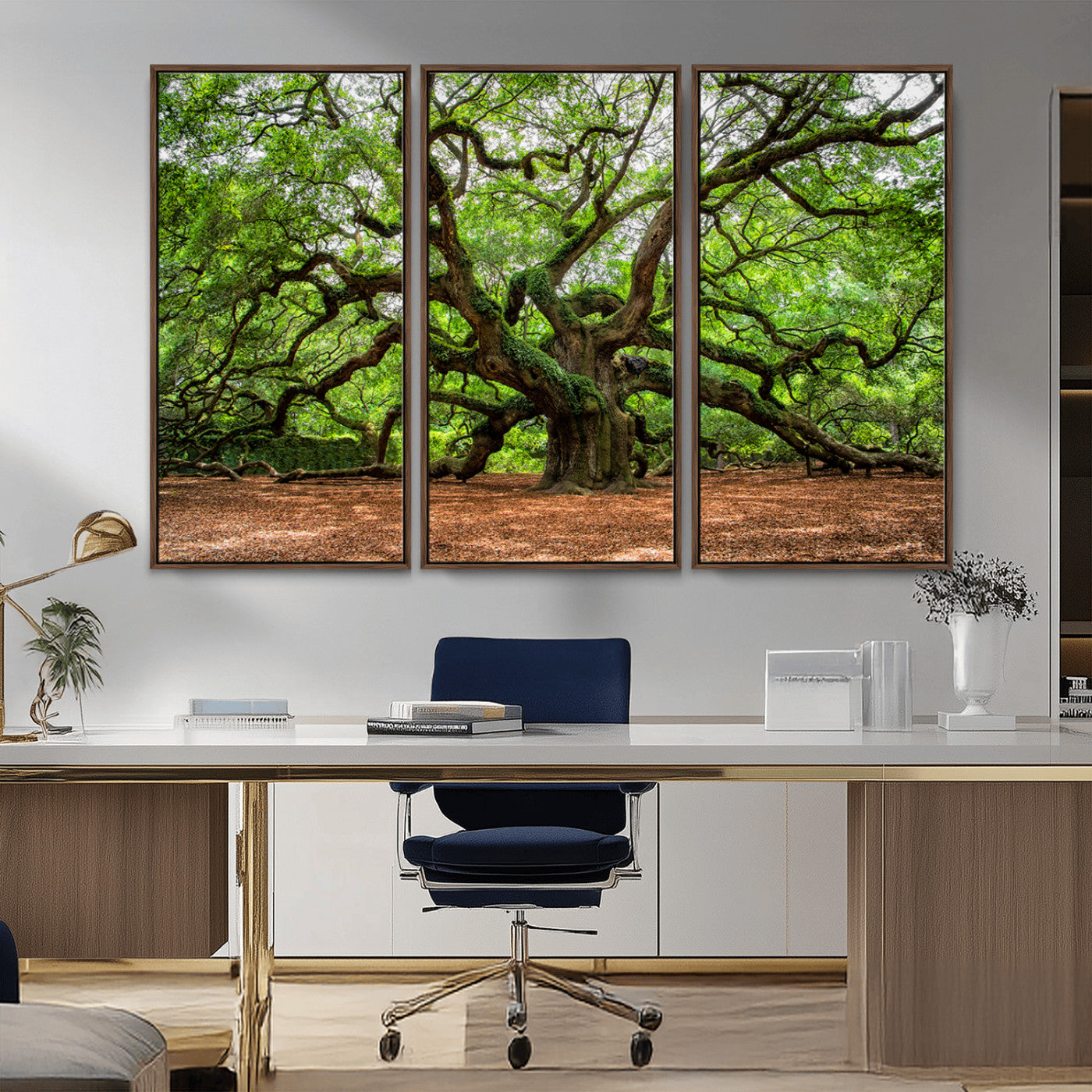 A majestic, ancient tree with expansive, twisting branches spreading wide under a dense, vibrant green canopy in a serene forest clearing.