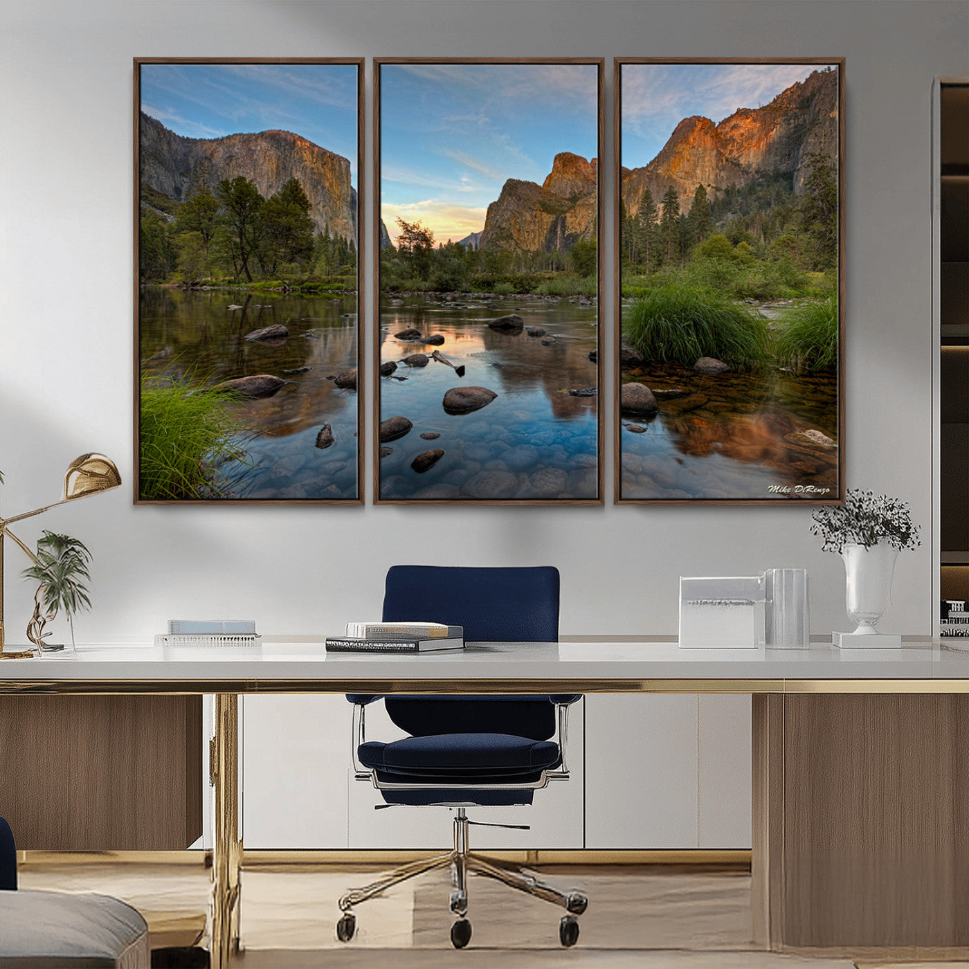 Canvas of Yosemite Valley with El Capitan and sunset reflections in a calm river, perfect for rustic or nature-themed décor.