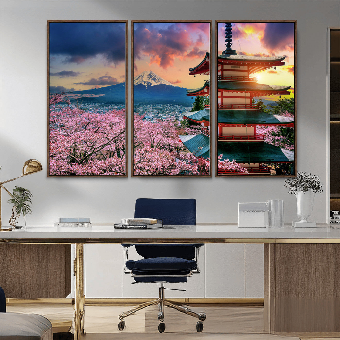MGV-FC-48X32-3P - Mount Fuji & Cherry Blossom Wall Art Canvas Print – Iconic Japanese Landscape, Sakura Pagoda Sunset,