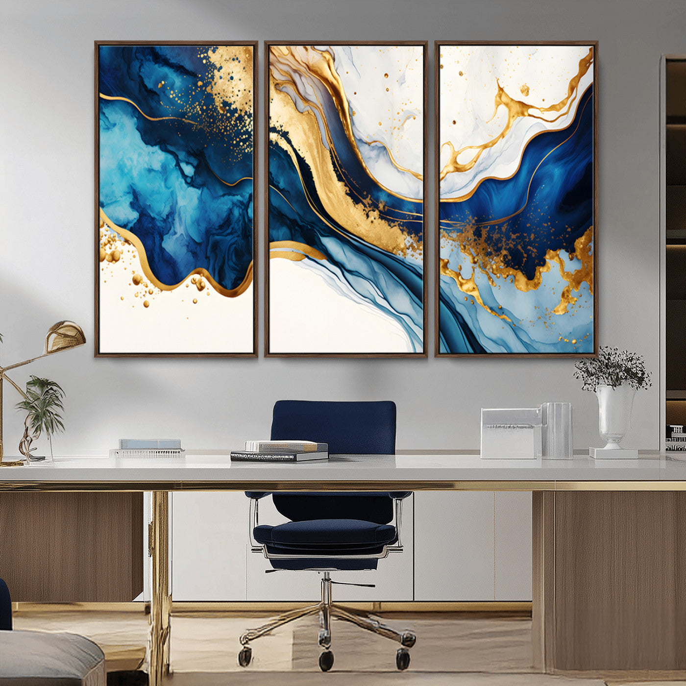 Canvas artwork with fluid blue and gold marbling, perfect for modern luxe or elegant abstract home decor styles.