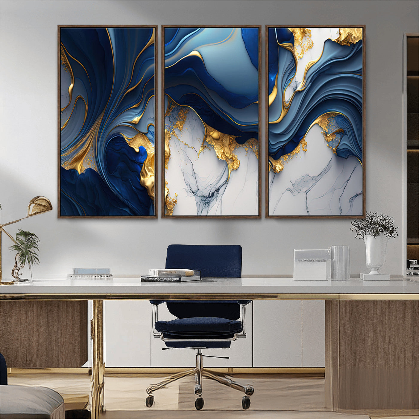 Canvas art with swirling blue marble and gold textures, ideal for elegant glam or modern luxury interior design settings.