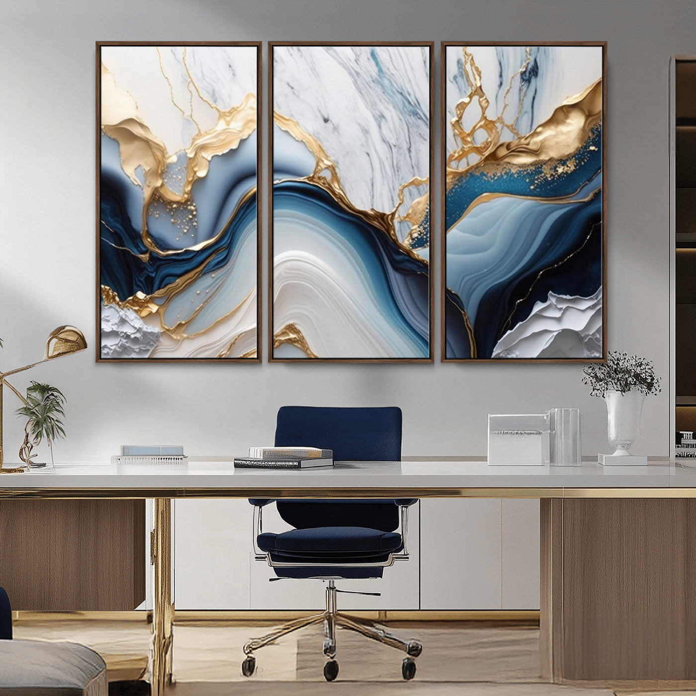Abstract canvas with blue marble textures and flowing gold veins, ideal for modern luxury or coastal-inspired interior decor.