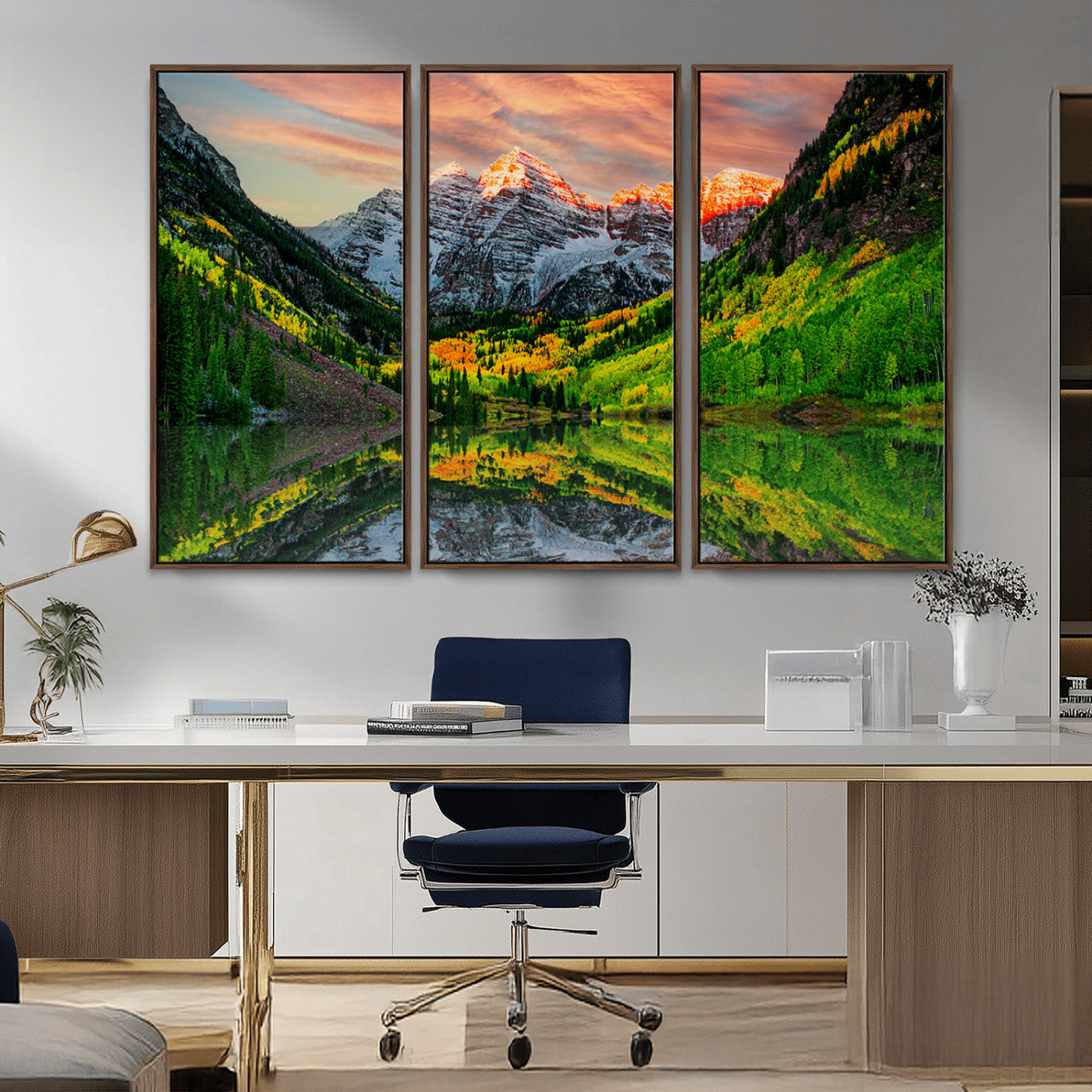 MGV-FC-48X32-3P - Maroon Bells Lake Wall Art Canvas Print – Majestic Colorado Mountain Landscape, Autumn Reflection,