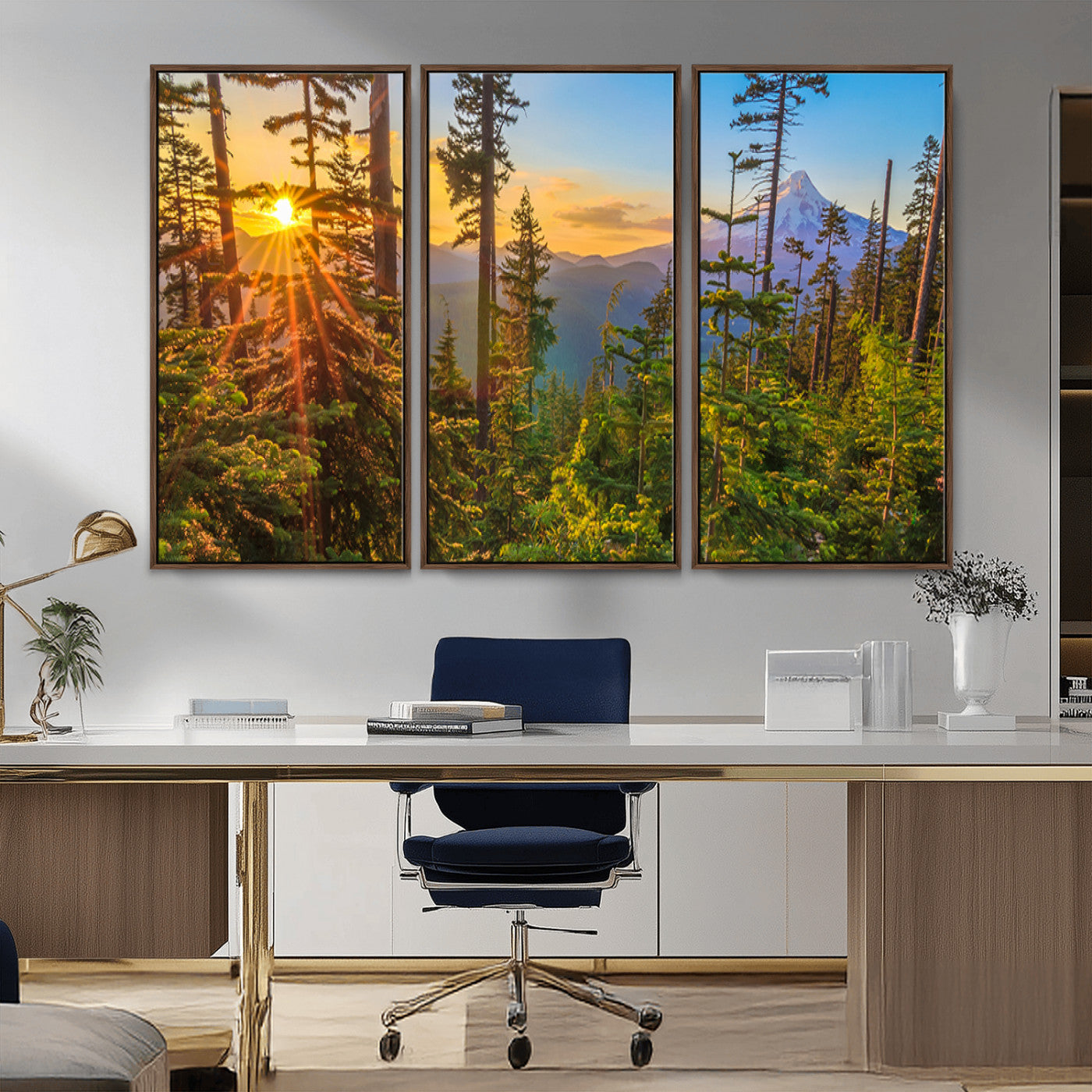 Colorful canvas of Mount Hood and Oregon forest at sunset, featuring sunburst light and lush pine trees for rustic nature decor.