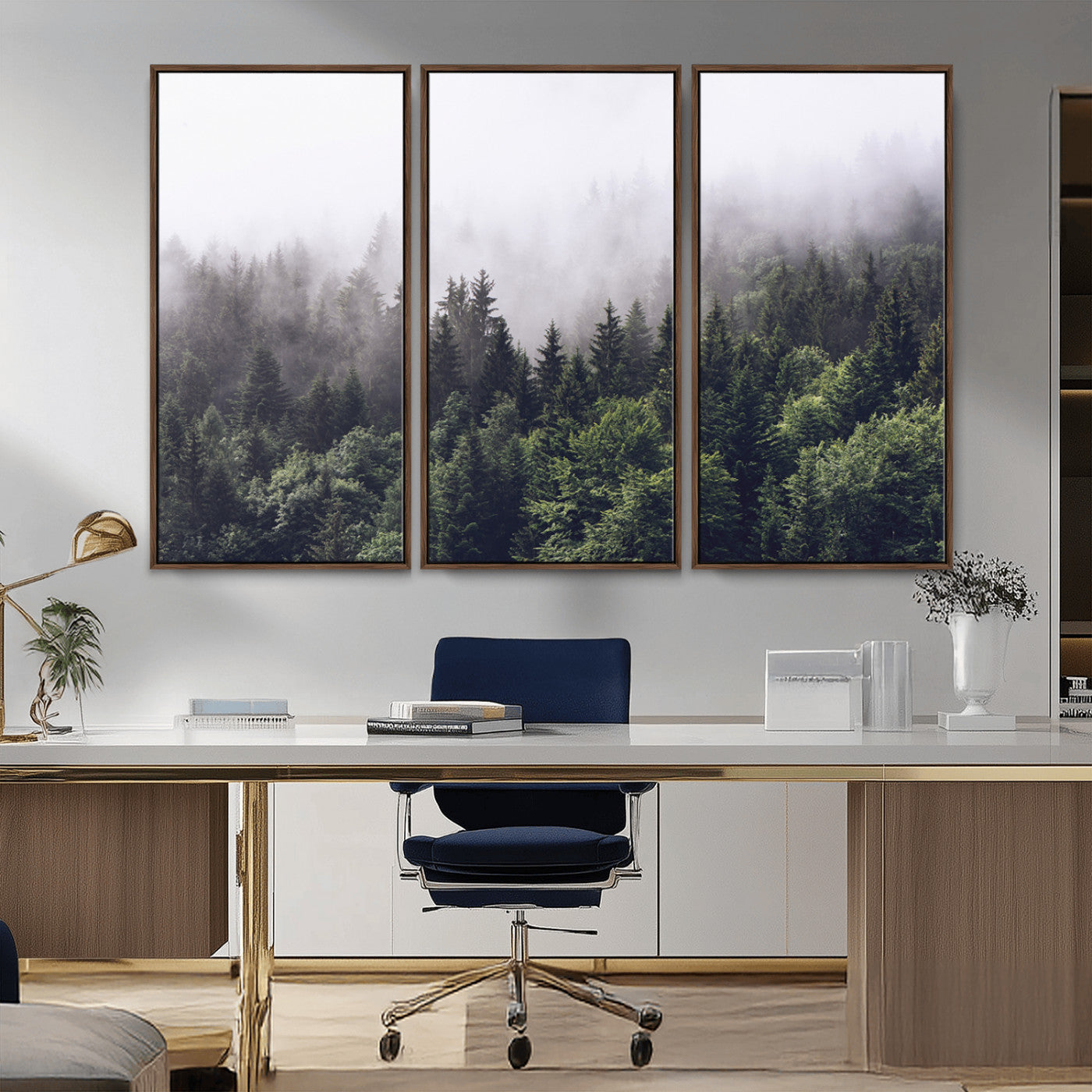 Canvas of dense misty forest in dark green tones, ideal for moody forest or atmospheric woodland-themed home decor.