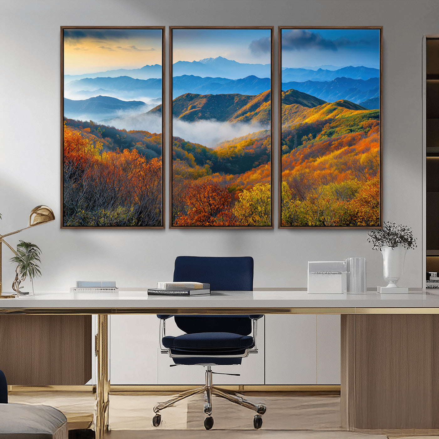 Vibrant canvas of autumn mountains with colorful trees, layered blue ridges, and soft morning fog, ideal for bright nature-themed decor.