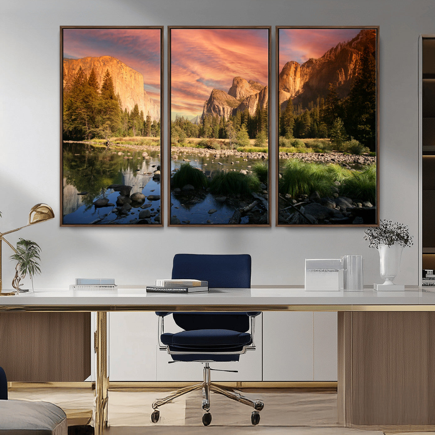 Canvas of Yosemite Valley with El Capitan and sunset sky, featuring vibrant tones ideal for rustic or nature-inspired home decor.