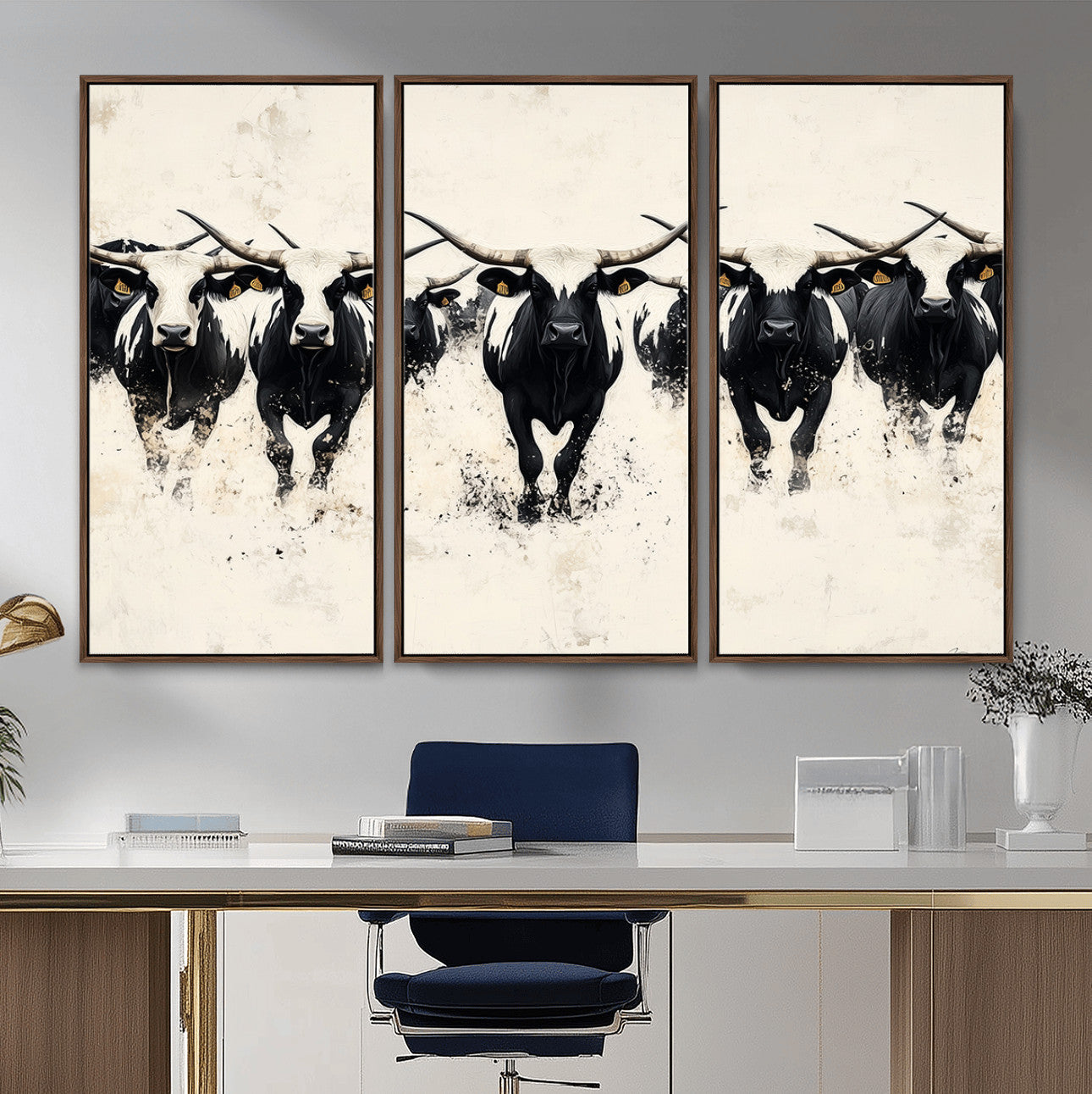 63302786-MGV-CV-36X24-Texas Longhorn Wall Art – Framed Black White Cattle Canvas Artwork, Stampede Bull Design, Western Ranch Decor for Home, Office