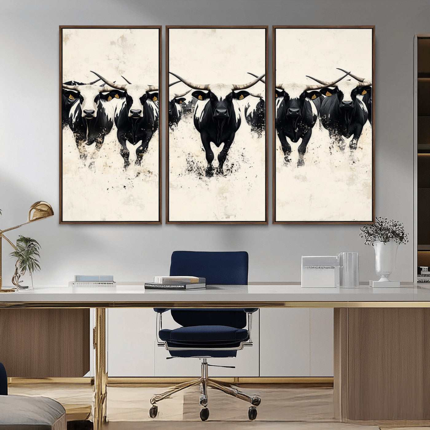 Canvas artwork of black and white Texas longhorns in a bold stampede over a minimalist background, ideal for rustic modern or Western-themed decor.