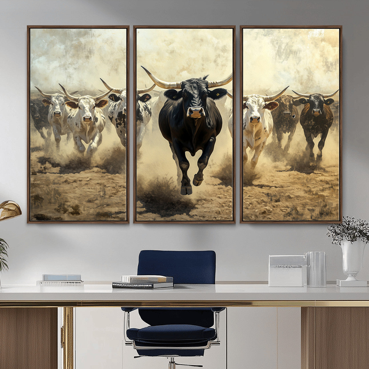 MGV-FC-48X32-3P - Running Cattle Wall Art – Canvas Print of Western Herd, Dust Stampede, Longhorns, Wild West Ranch, Bold Rustic Farm Decor for Home or Office