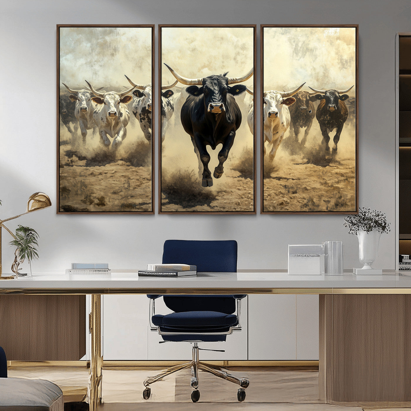 Dynamic canvas showing a Texas Longhorn stampede with earthy tones and bold movement, perfect for rustic or Western-style interiors.