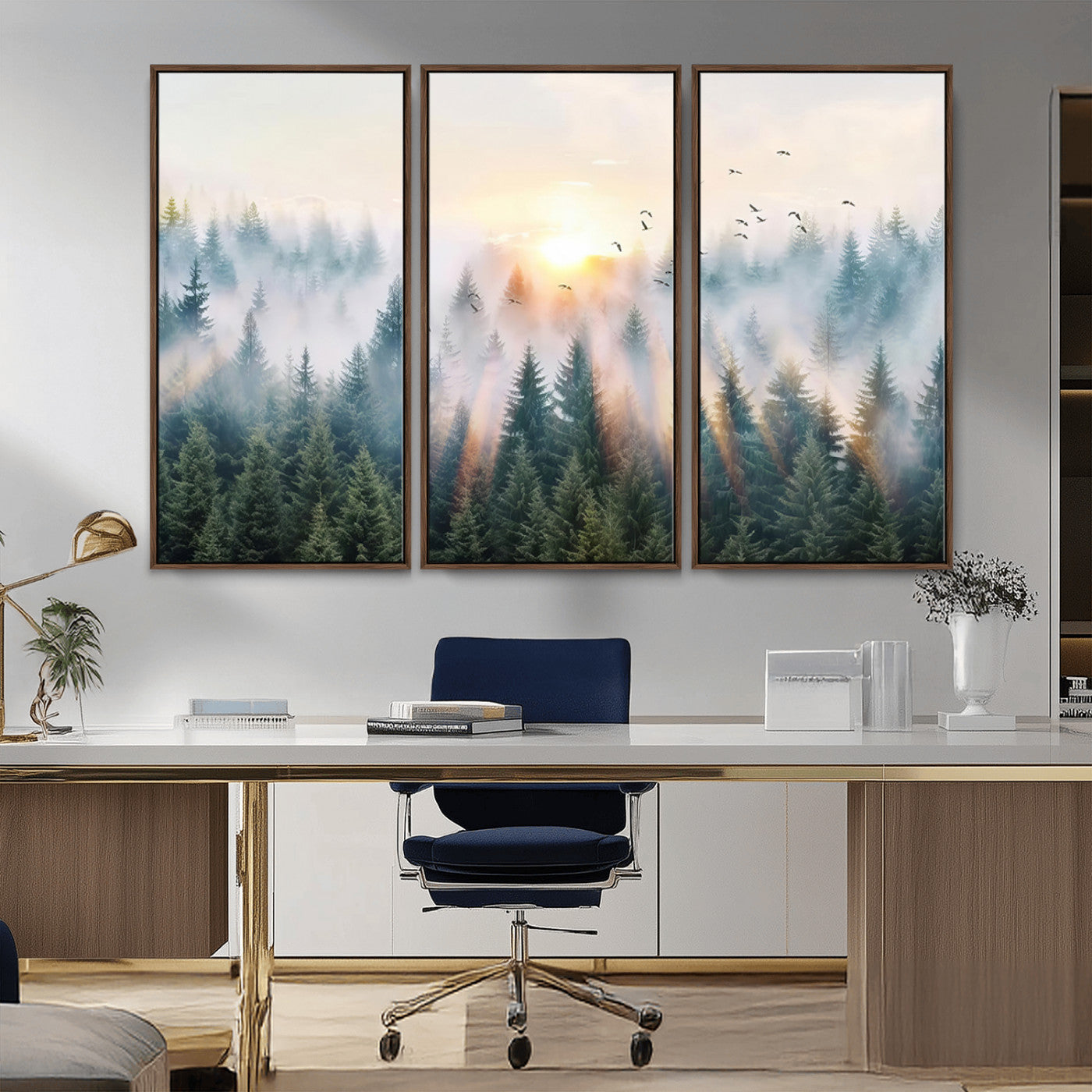MGV-FC-48X32-3P - Misty Pine Forest Wall Art Canvas, Sunrise Over Foggy Trees Canvas for Home - Office, Framed