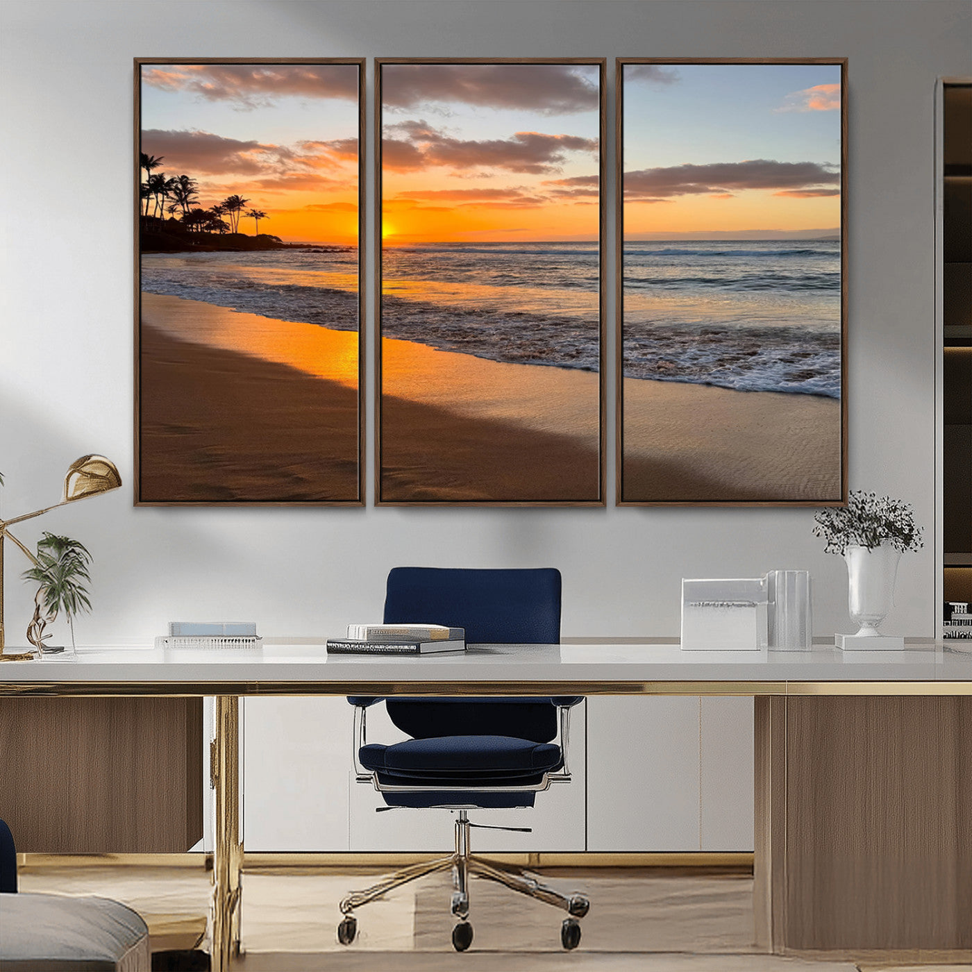 Canvas of a tropical beach at sunset with golden reflections and palm trees, perfect for vibrant coastal or island-style decor.