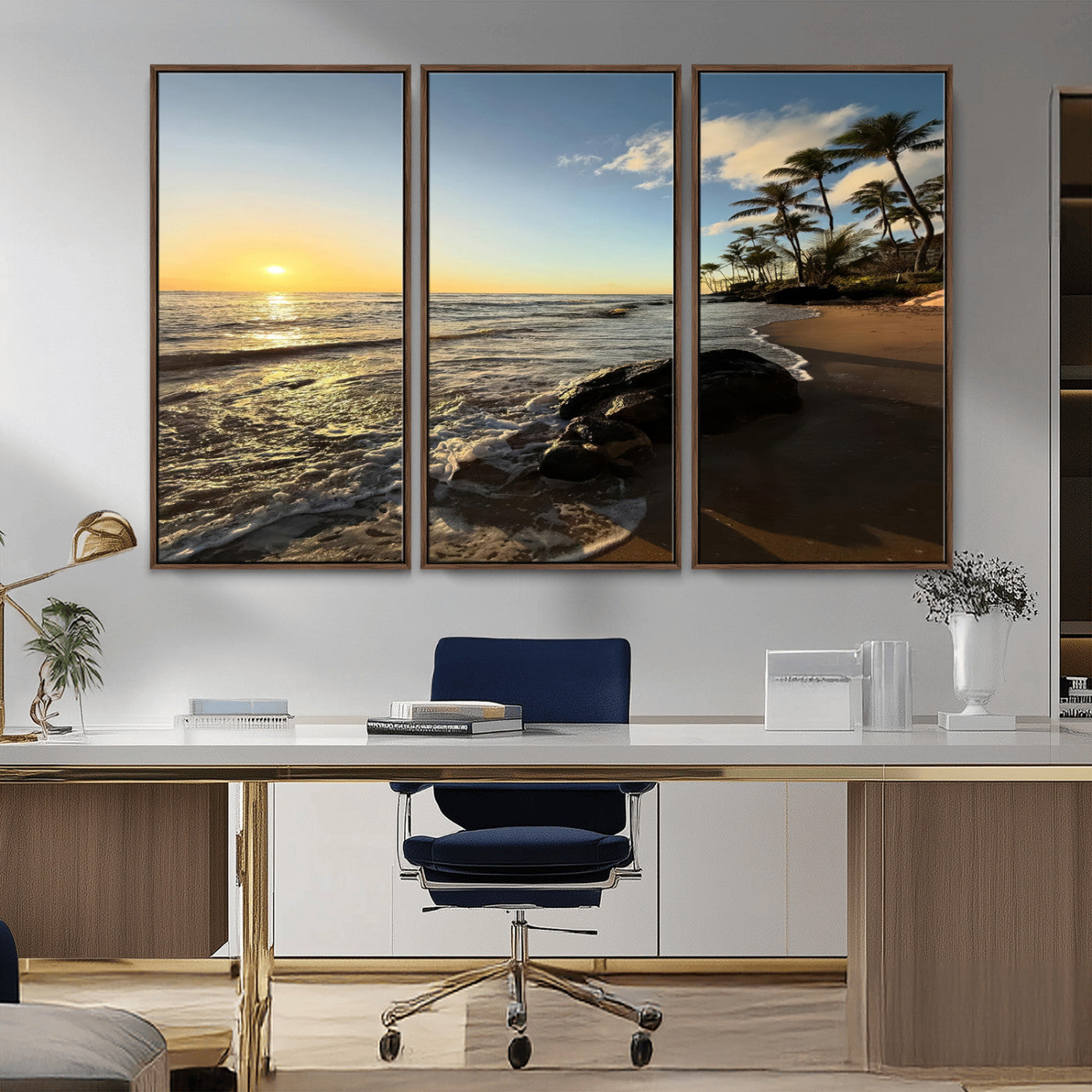 Canvas of a golden sunset on a tropical beach with palm trees and calm waves, perfect for coastal or island-themed home decor.