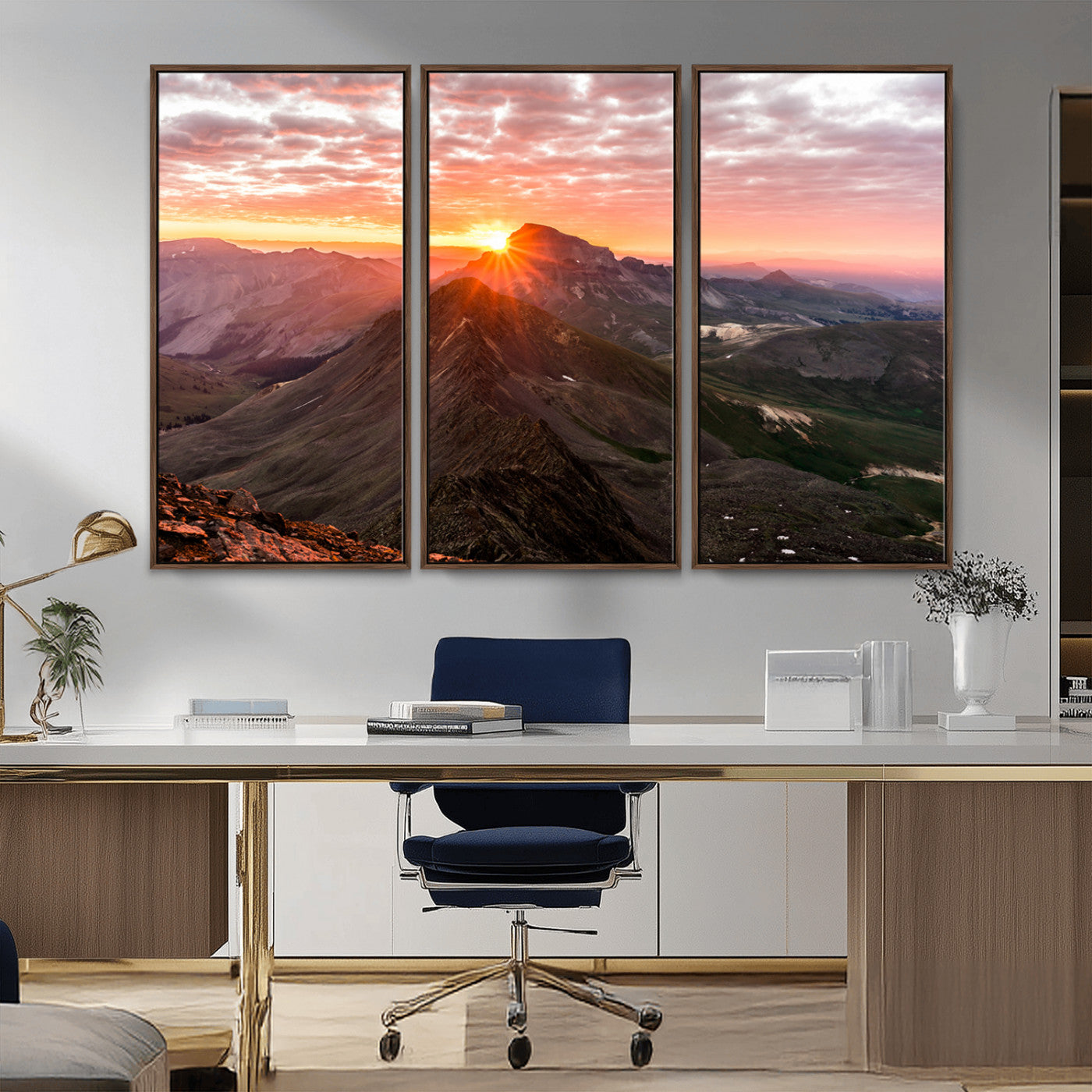Canvas showing a mountain ridge at sunrise with golden light and dramatic clouds, perfect for nature or rustic-inspired wall decor.
