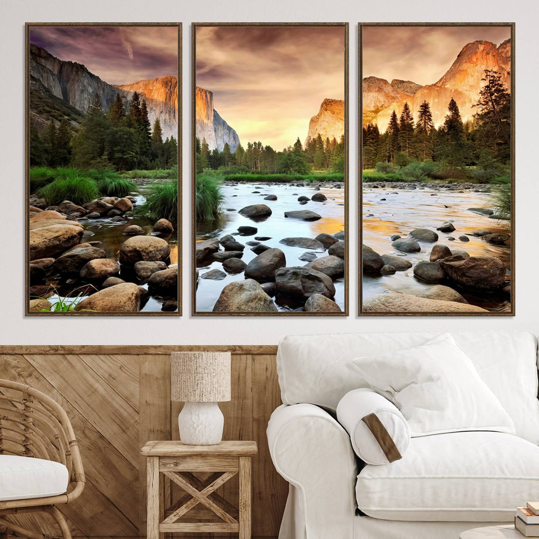 A tranquil riverside sunset mirrors the beauty of a Yosemite wall art masterpiece like the Large El Capitan Print.