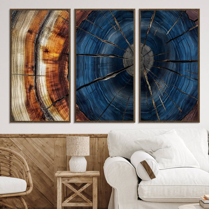 The Abstract Tree Rings Canvas Print features blue, brown, and orange rings that highlight wood grain and natures beauty.