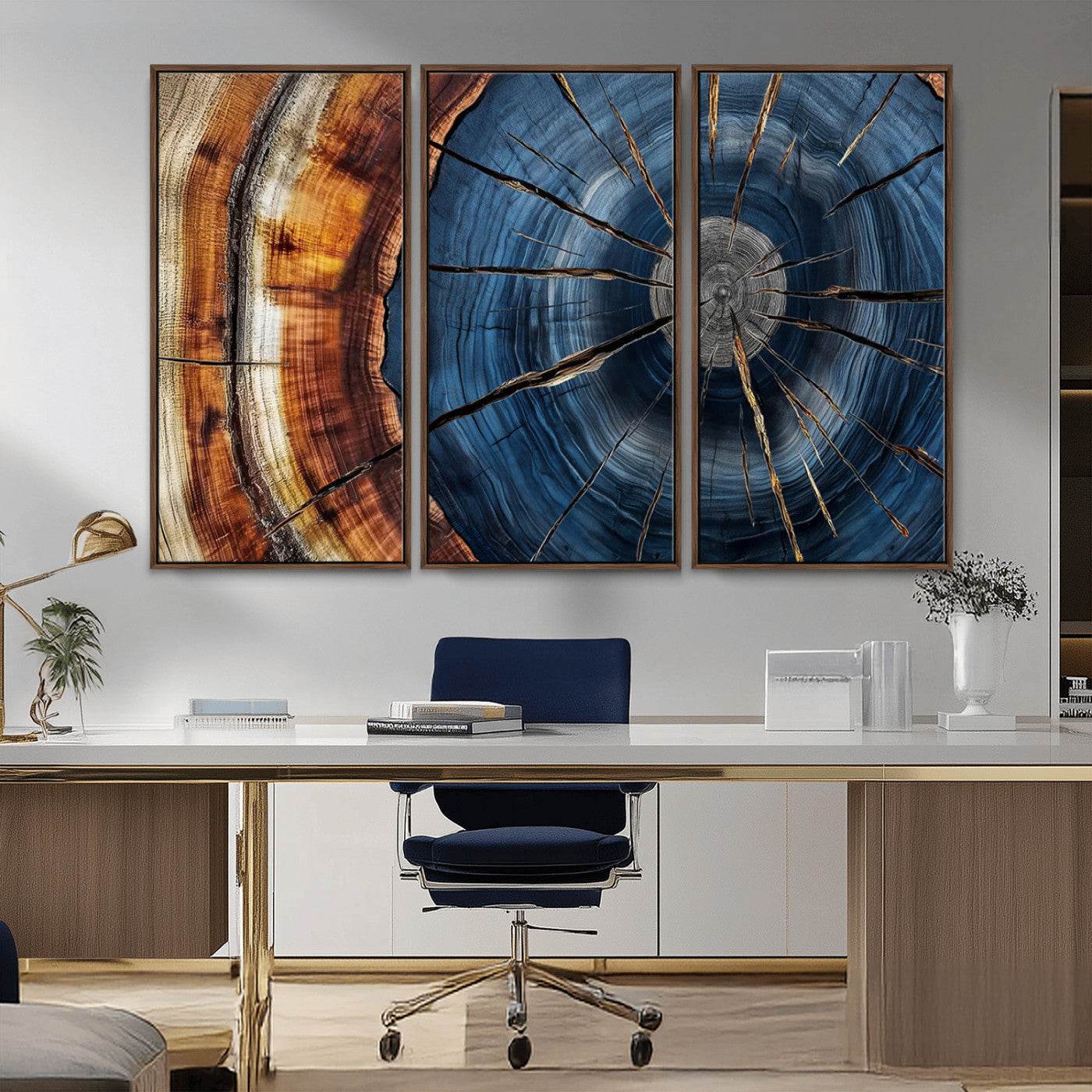 MGV-FC-48X32-3P - Framed Abstract Tree Ring Wall Art Print, Natural Rustic Wood Texture Canvas Print, Wood Tree Stump