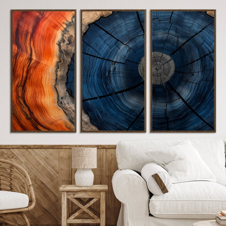 Abstract Tree Rings Canvas Print with vibrant colors—ideal farmhouse wall art for a woodland-themed home.