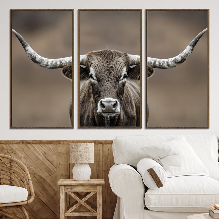 The Framed Texas Longhorn Bull Art Canvas Print adds timeless elegance to the serene setting.