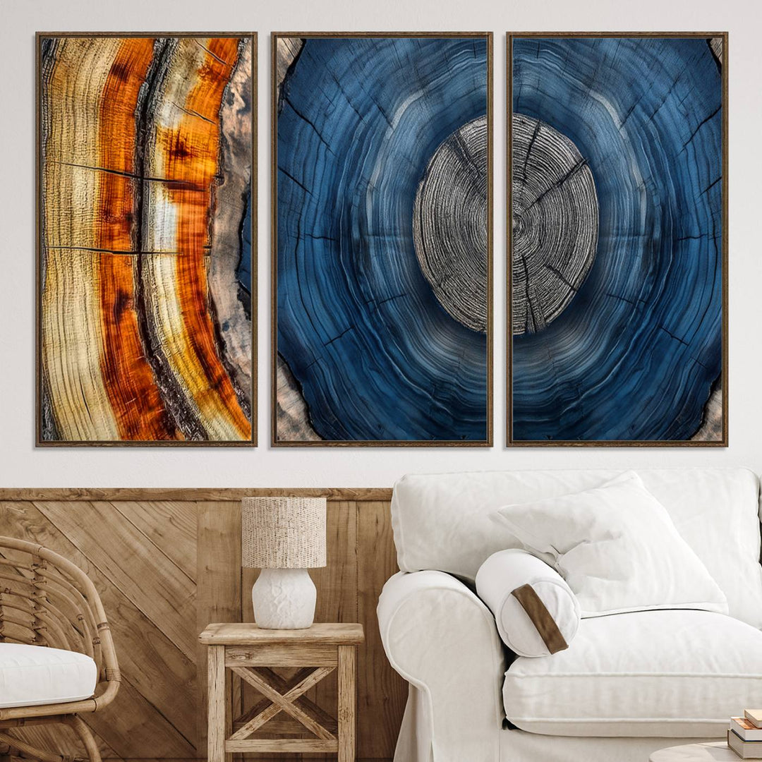 Vibrant Abstract Tree Rings in Orange, Brown, and Blue - Canvas Print for Nature Woodland Wall Decor.