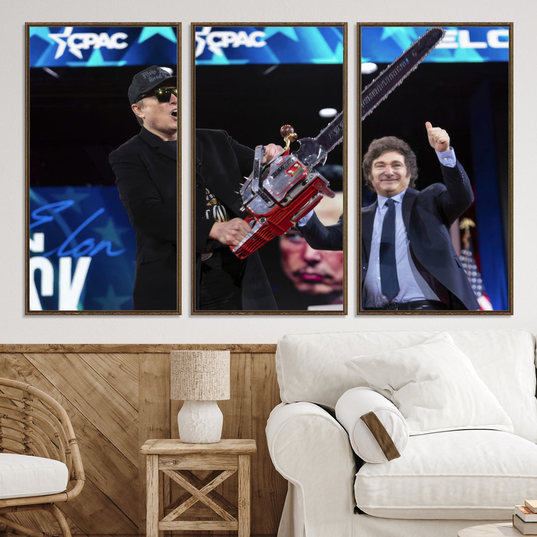 The wall art in the living room is an Elon Musk Chainsaw Art Print, depicting two men with chainsaws on stage in front of a vibrant crowd.