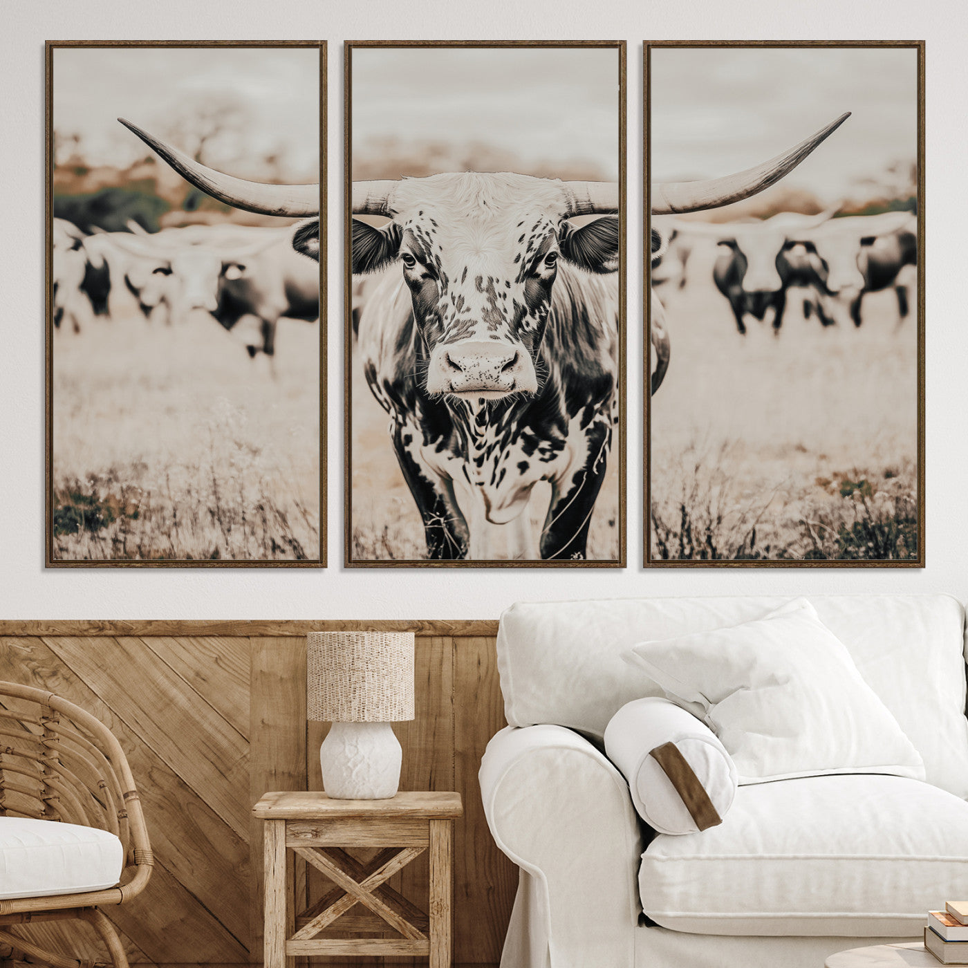 27497342-MGV-CV-36X24-Texas Longhorn Wall Art Canvas Print, Framed Speckled Cow Art Picture Print, Horned Cattle Perfect Rustic Western Decor Artwork