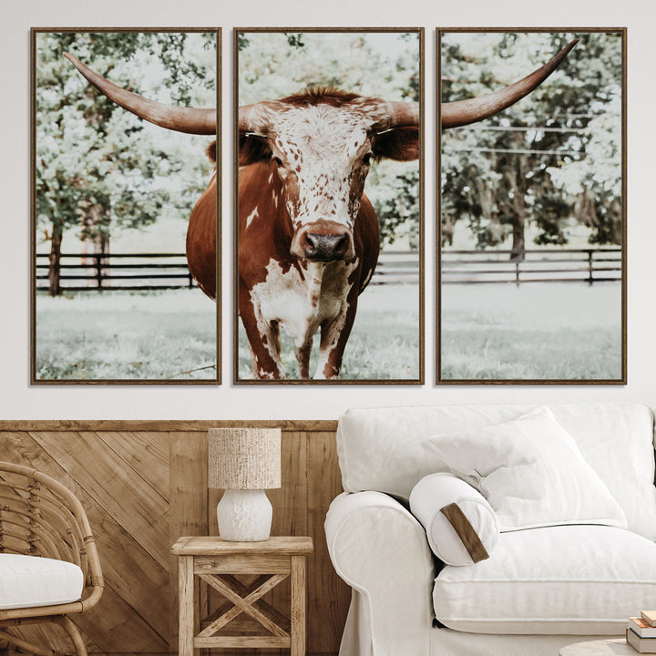 Texas Longhorn Wall Art Canvas Print, Framed Spotted Cow Art Picture Print, Horned Cattle Perfect Rustic Western Decor, Framed Horned Cattle Print