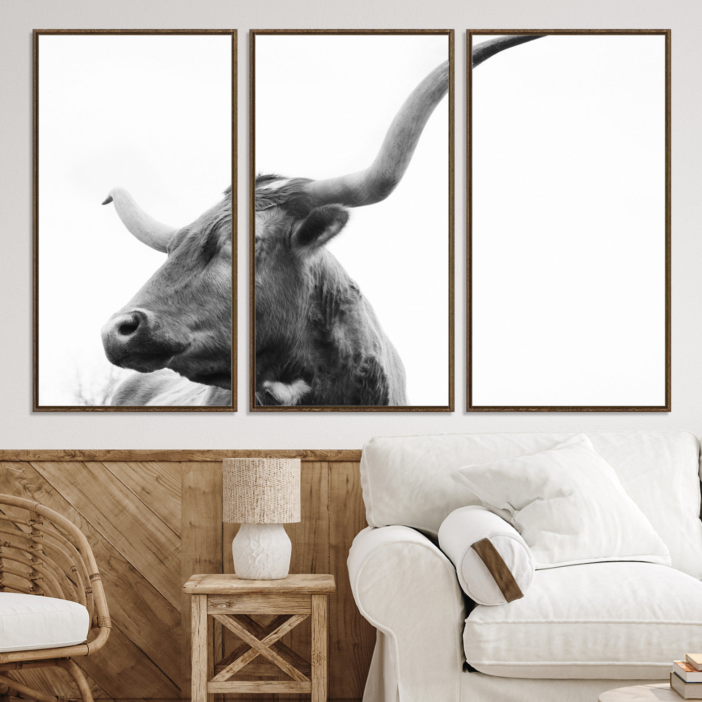 64392617-MGV-CV-36X24-Longhorn Wall Art Wall Art Canvas Print, Framed Modern Ranch Style Art Art Picture Print, Monochrome Cow Print Perfect Rustic Western Decor