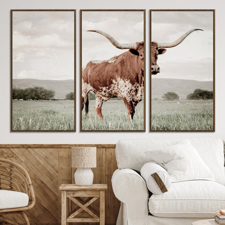 Texas Longhorn Wall Art Canvas Print, Framed Spotted Cattle Art Picture Print, Horned Bull Perfect Rustic Western Decor Artwork