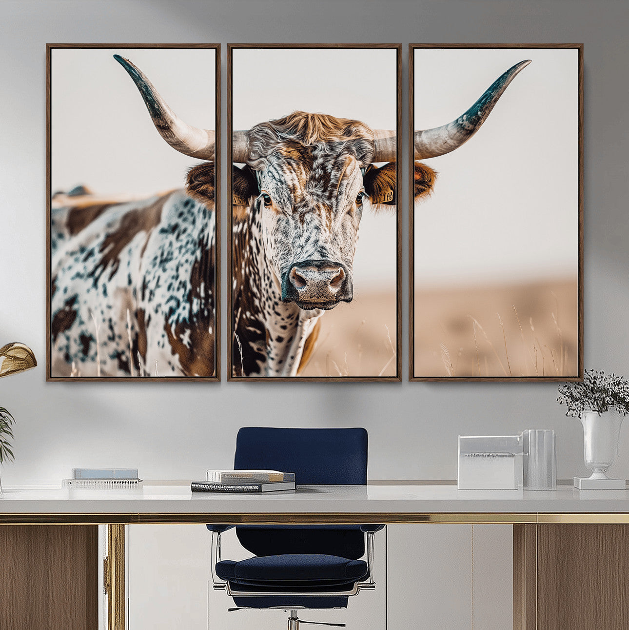 70414966-MGV-CV-36X24-Texas Longhorn Wall Art – Framed Speckled Cow Canvas Artwork, Horned Bull Design, Western Ranch Decor for Home, Office
