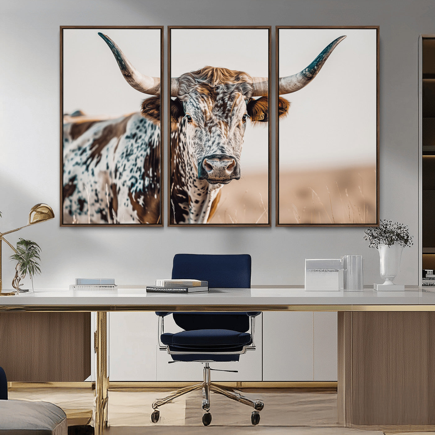 Canvas of a speckled Texas longhorn with wide curved horns and warm tones, perfect for rustic or country-style wall decor.