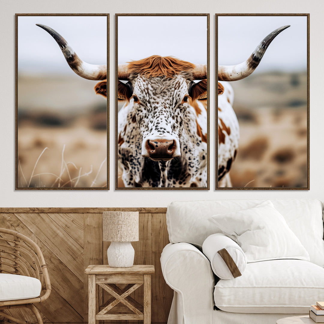 Texas Longhorn Wall Art Canvas Print, Framed Spotted Cow Art Picture Print, Horned Cattle Perfect Rustic Western Decor Artwork