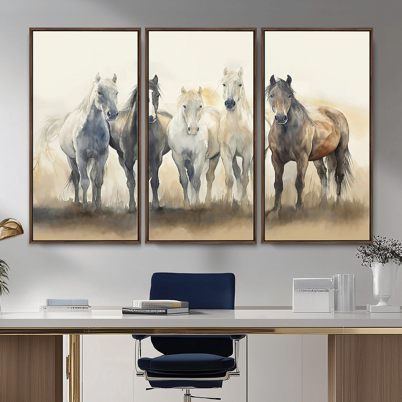 MGV-FC-48X32-3P - Wild Horses Wall Art Canvas Print, Framed Running Horses Art Picture Print, Watercolor Horses Perfect Rustic Western Decor Artwork