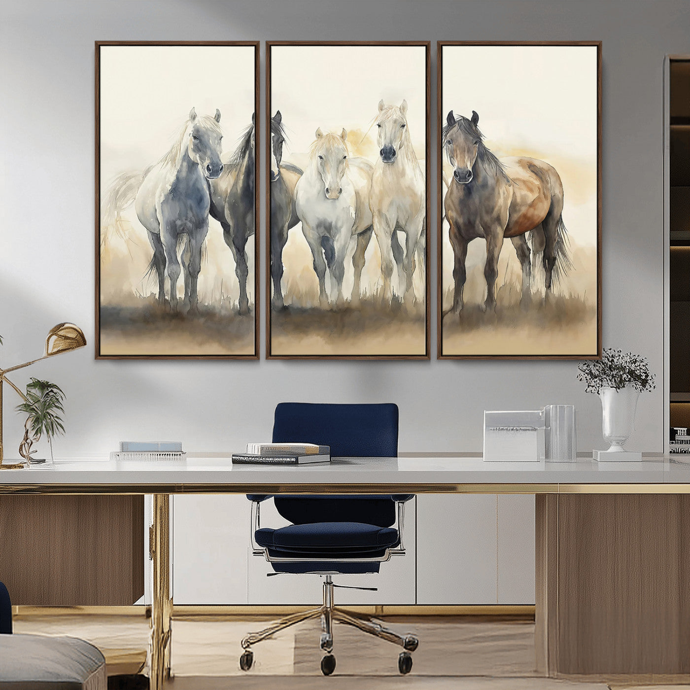 MGV-FC-48X32-3P - Wild Horses Wall Art Canvas Print, Framed Running Horses Art Picture Print, Watercolor Horses Perfect Rustic Western Decor Artwork