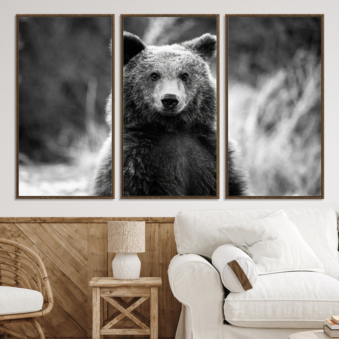 Grizzly Bear Wall Art Canvas Print, Framed Black White Bear Art Picture Print, Wild Bear Perfect Rustic Wildlife Decor