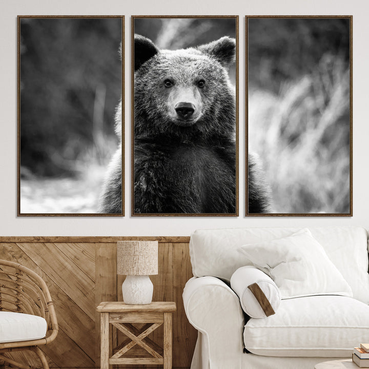 Grizzly Bear Wall Art Canvas Print, Framed Black White Bear Art Picture Print, Wild Bear Perfect Rustic Wildlife Decor