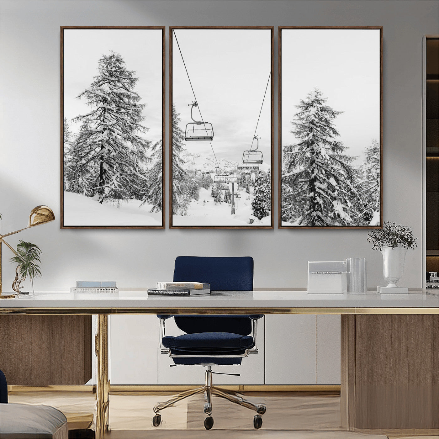 MGV-FC-48X32-3P - Wall Art Canvas Print Winter Chairlift Views Silent Snow-Covered Pines Mountain Calm Serenity Frozen